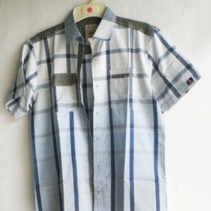Swiss Cross Blue Gray Plaid Cotton Blend Button down Shirt US Size M